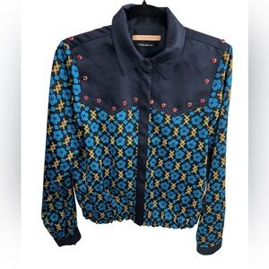 Scotch & Soda Western Snap Rhinestone Blue Yellow Print Cropped Shirt Size Small